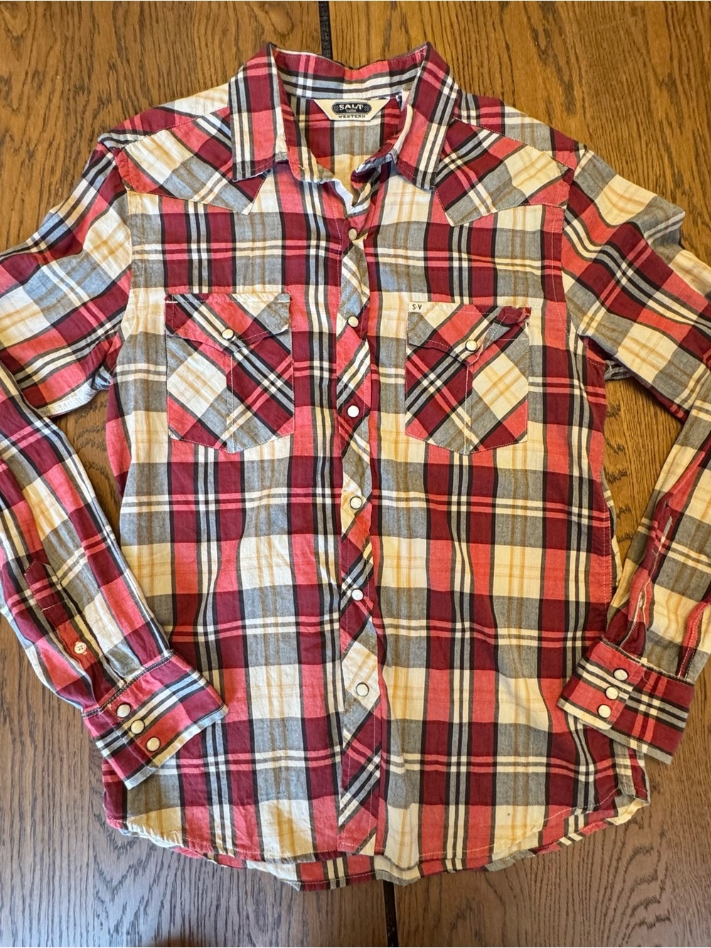 Salt Valley Western Red Plaid Shirt Rodeo Americanaโ Pearl Snaps Womenโs M